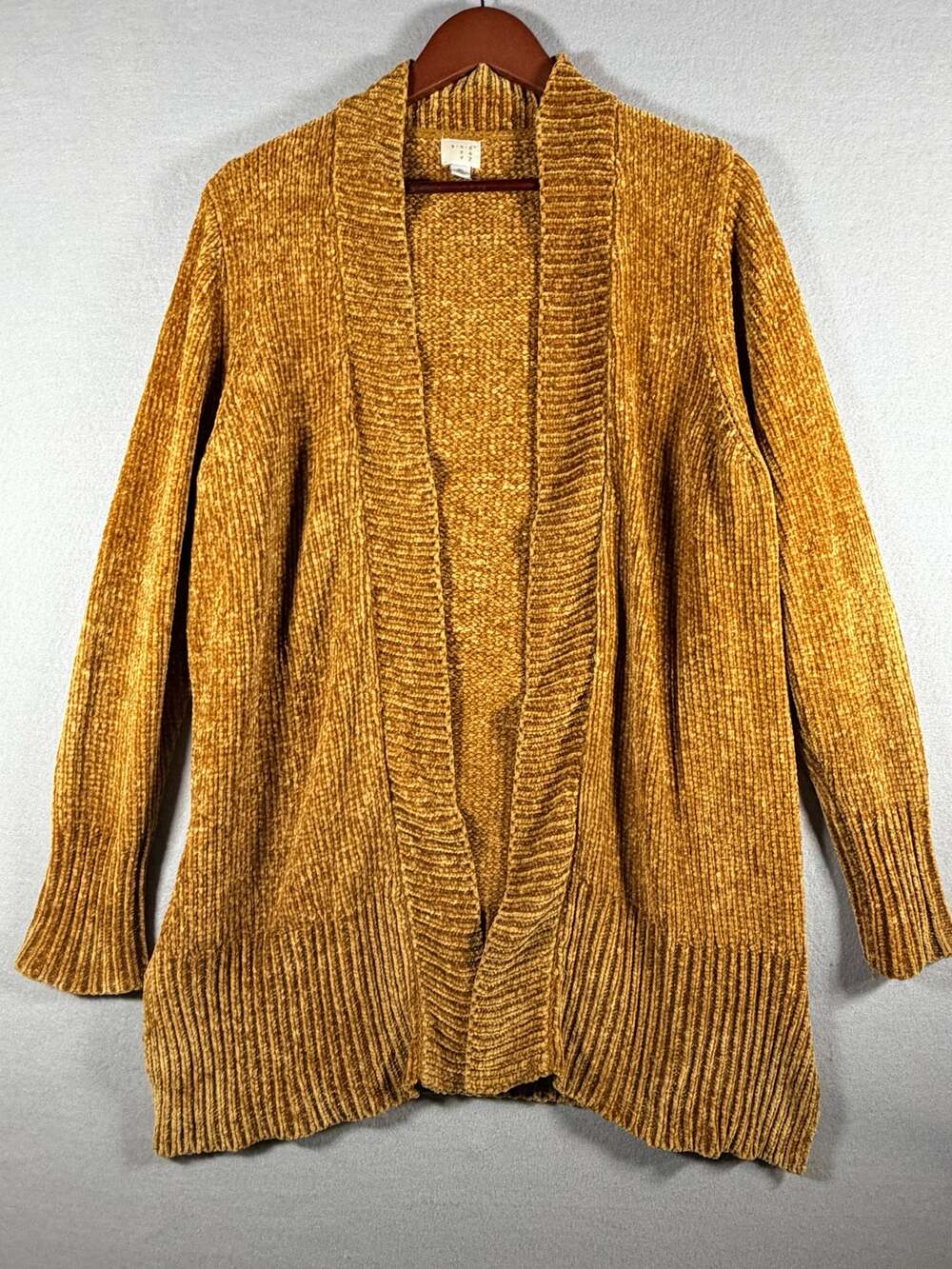 A New Day Womens XL Mustard Chenille Open Front Cardigan Sweater Long Shawl